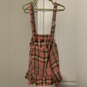 Plaid print ruffle hem suspender skirt